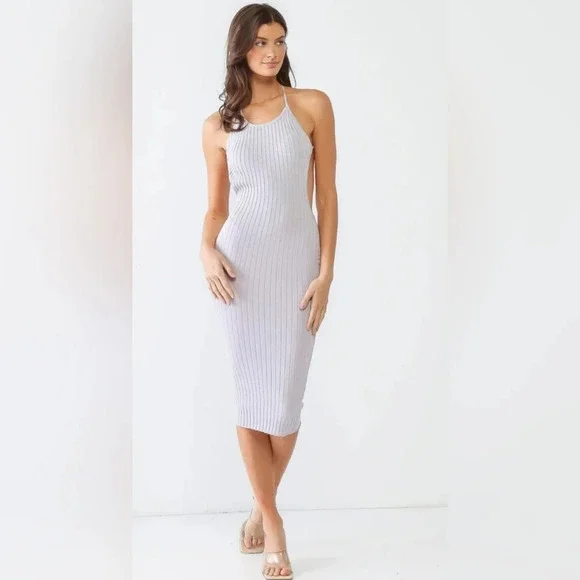 Sexy Ribbed Halter Neck Criss-Cross Back Midi Dress #434-436 - Picture 4 of 11